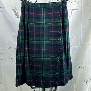 Robyn USA Vintage Plaid Skirt Wool Tartan Wrap Top Stitch Pleats Fringe Trim
